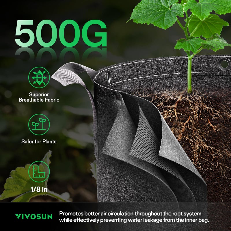 VIVOSUN 5-Pack 15 Gallon Grow Bags, 500G Thick Nonwoven Fabric Pots with Strap Handles, Multi-Purpose Rings, for Low Stress Plant Training Fruits, Vegetables, and Flowers - Image 4