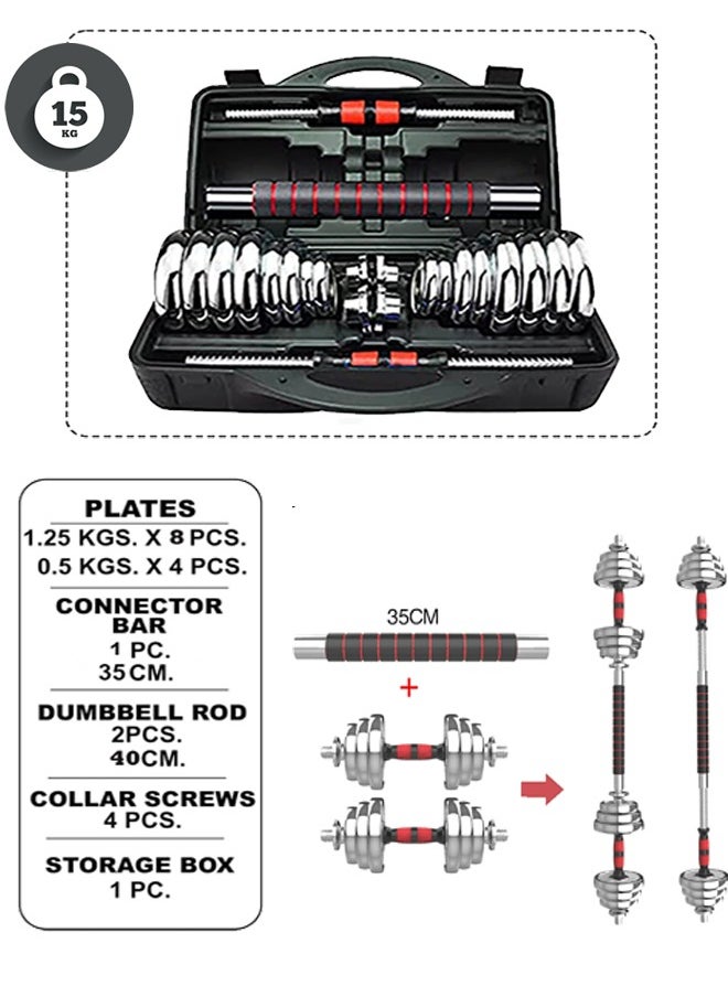 Adjustable chrome dumbbell set for fitness training for home and gym, weight 15 kg