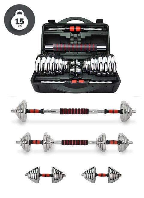 Adjustable chrome dumbbell set for fitness training for home and gym, weight 15 kg