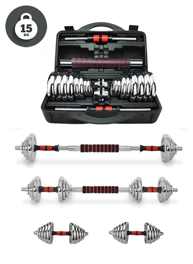 Adjustable chrome dumbbell set for fitness training for home and gym, weight 15 kg