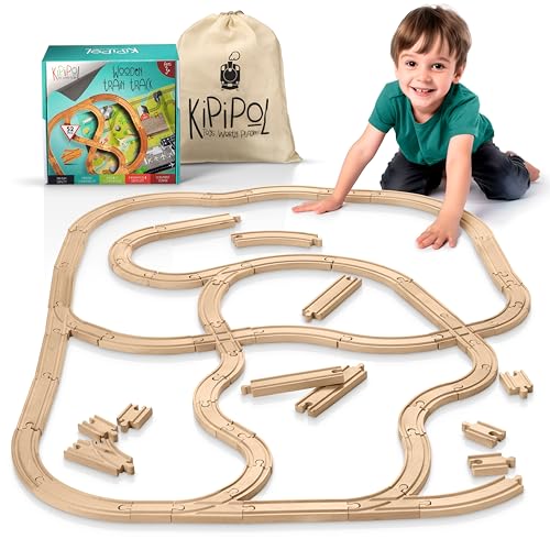 KipiPol Wooden Train Tracks Set 52 pcsBonus Railroad Map Compatible W All Major Wooden Railway Toy Brands Including Thomas The Train Track Set Brio Train Melissa and Doug Train Set for Kids 3 - Image 1