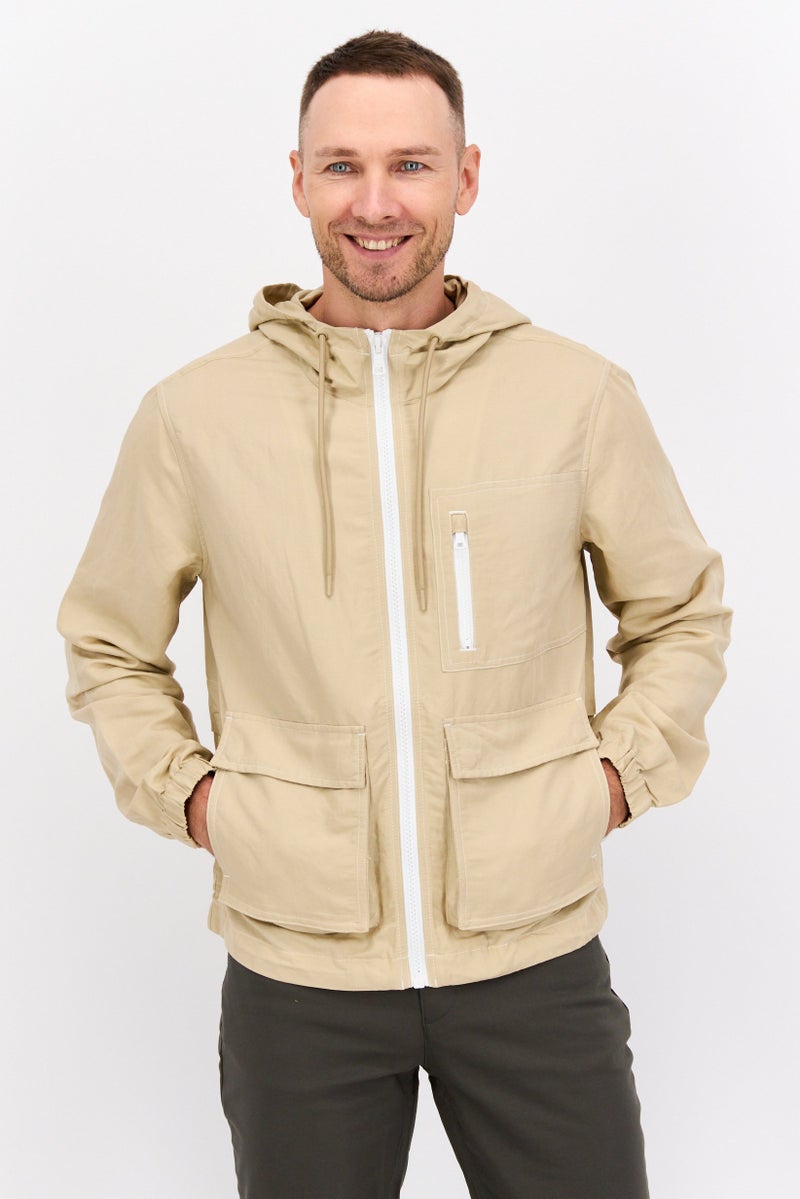 ESPRIT Men Plain Hooded Jacket, Tan - Image 1