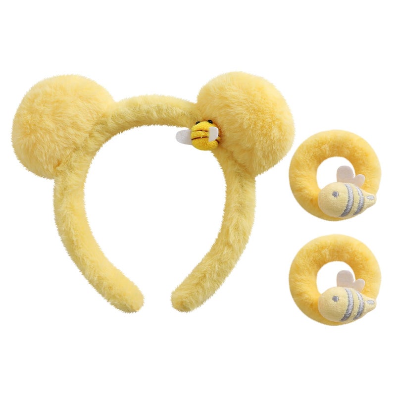 Fancheer Bear Ears Headband with 2PC Hair Ties Yellow Plush Bee Women Girls Costume Accessories for Winnie - Image 1