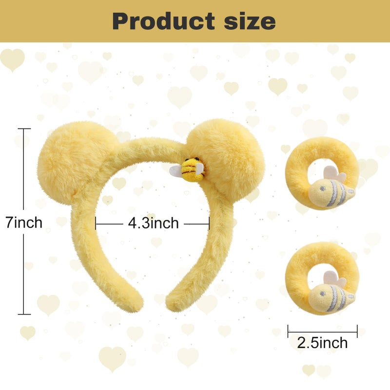 Fancheer Bear Ears Headband with 2PC Hair Ties Yellow Plush Bee Women Girls Costume Accessories for Winnie - Image 2