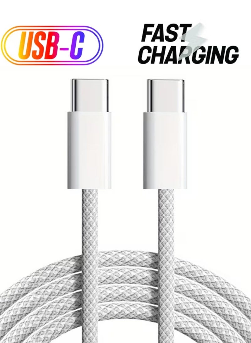زدترون كابل USB-C إلى USB-C بطول 1 متر، بقوة 60 واط، مضفر، يدعم الشحن السريع، كابل شحن سريع بتقنية Power Delivery PD من النوع C، متوافق مع iPhone 15/15 Pro/15 Plus/15 Pro Max، وiPad Mini/Pro، وMacBook Pro/Air، أبيض - Image 1