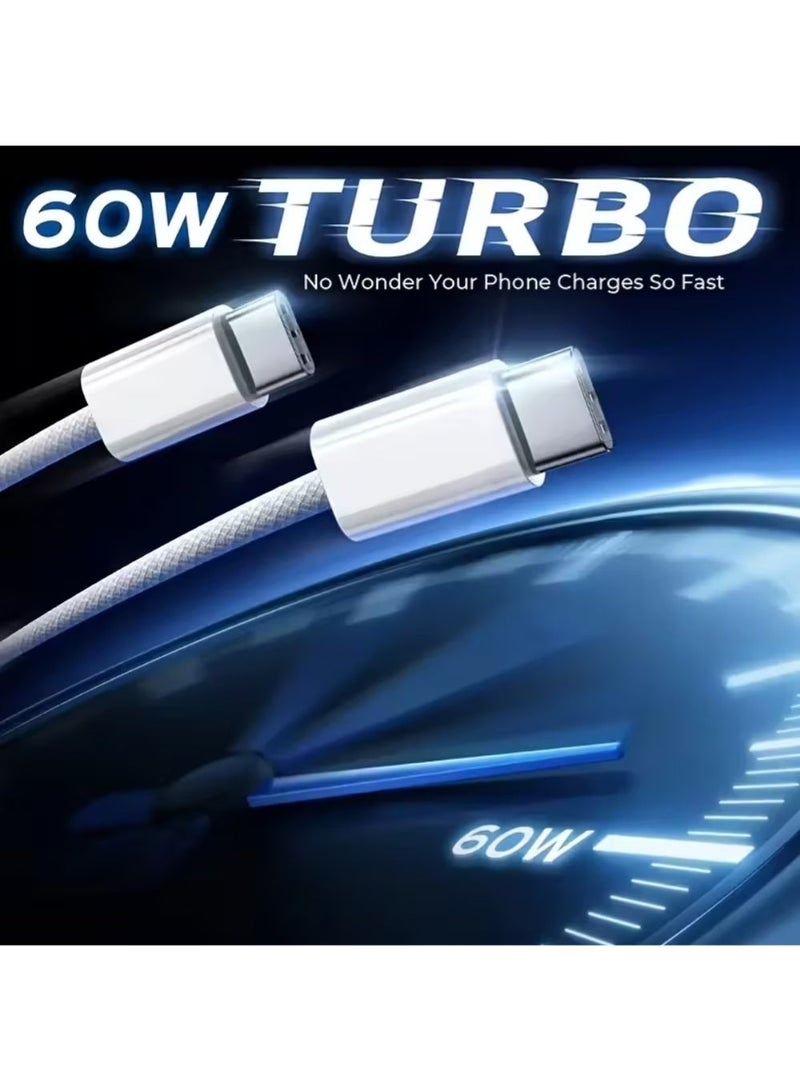 زدترون كابل USB-C إلى USB-C بطول 1 متر، بقوة 60 واط، مضفر، يدعم الشحن السريع، كابل شحن سريع بتقنية Power Delivery PD من النوع C، متوافق مع iPhone 15/15 Pro/15 Plus/15 Pro Max، وiPad Mini/Pro، وMacBook Pro/Air، أبيض - Image 2