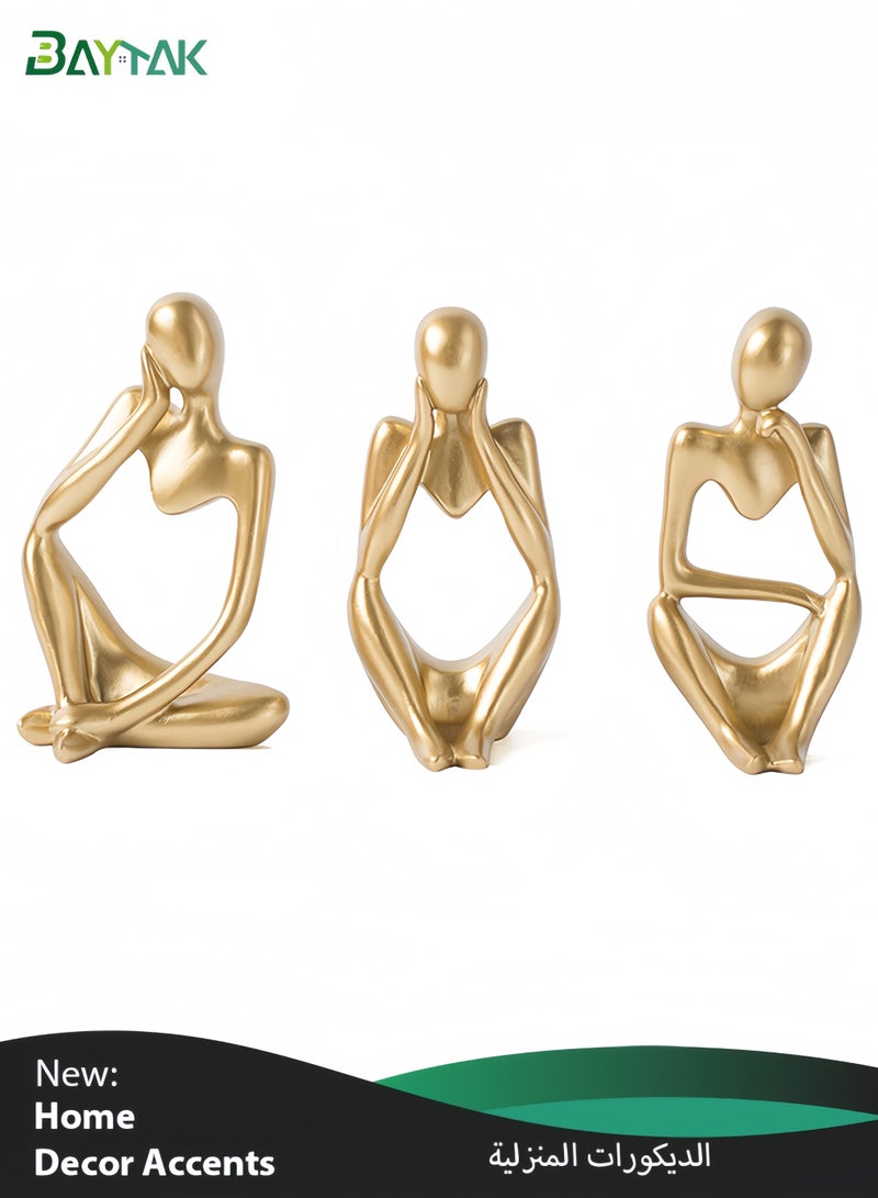بيتك طقم ديكور منزلي 3 قطع تماثيل زخرفية ذهبية تصميم مفكر تجريدي من الراتنج لتزيين غرفة المعيشة والمكتب ورف الكتب (ذهبي) - Image 1