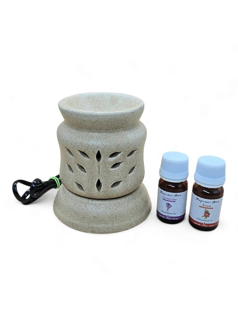 MAGICKAL MOON Electric Ceramic Oil Diffuser with 2 Essential Oils Stone Brown Leaf Pattern 8 x 115 cm Each 10ml SNSSC0055  - Image 1
