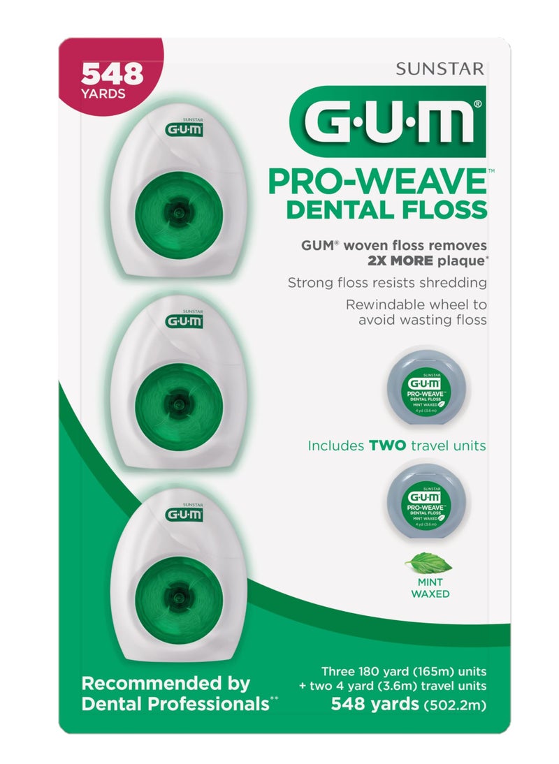 GUM Pro-Weave Woven Dental Floss, Shred Resistant Waxed Floss, Mint Flavored, 3 Count + 2 Travel Units - Image 1