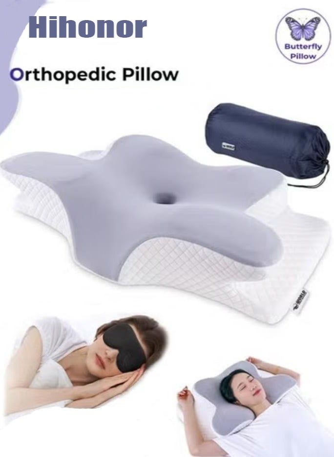 Hihonor Memory Foam Cervical Pillow - Butterfly-Shaped Ergonomic Support for Neck and Shoulder Pain Relief, Ideal for Side, Back, and Stomach Sleepers, Includes Washable Cover and Eye Mask - Image 1