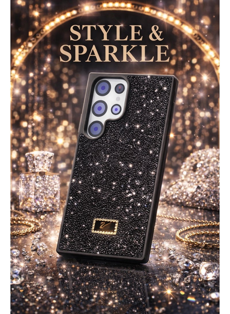 VR CREATIVE Luxury Glitter Diamond Phone Case for Samsung Galaxy S23 Ultra Sparkling Rhinestone Bling Protective Cover - Black - Image 4