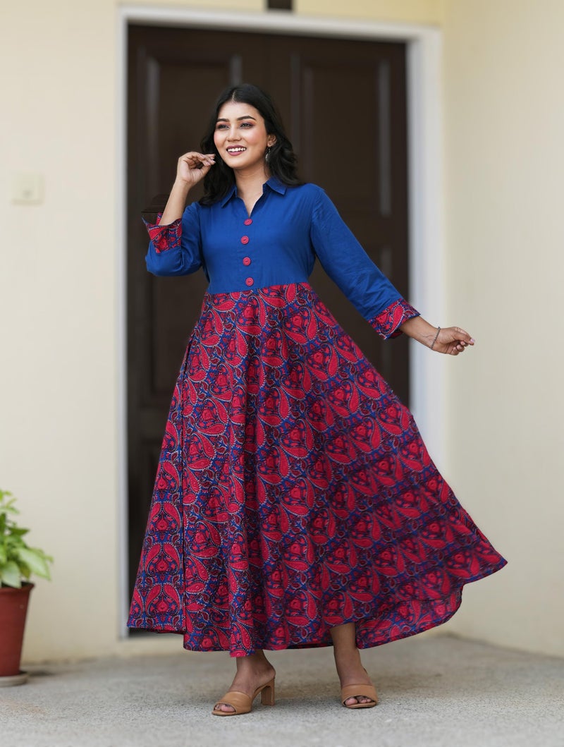 Yash Gallery Women’s Cambric Cotton Printed Flared Maxi Dress with Collar Neck & 3/4 Sleeves (Red & Blue) - Image 2