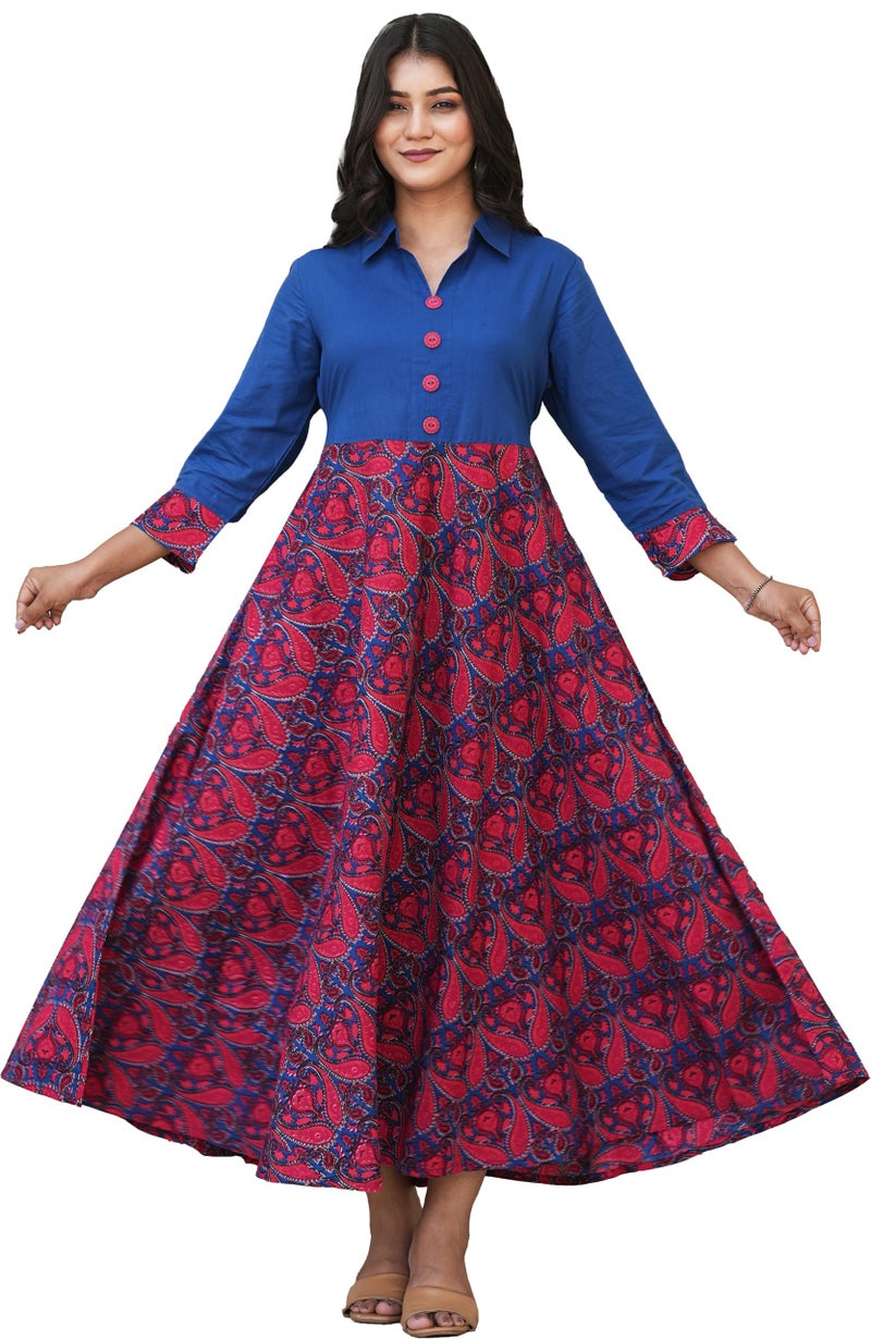 Yash Gallery Women’s Cambric Cotton Printed Flared Maxi Dress with Collar Neck & 3/4 Sleeves (Red & Blue) - Image 1