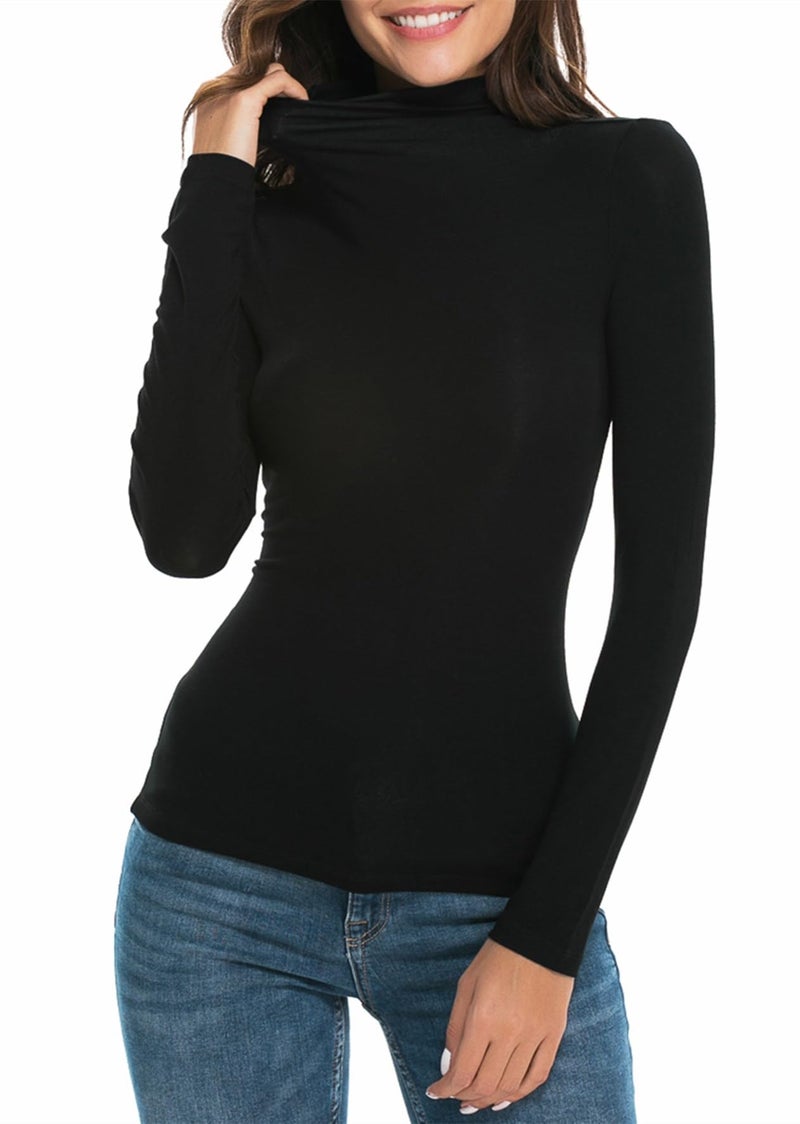 WOSALBA Womens Mock Turtleneck Long Sleeve Stretch Fitted Underscrubs Layer Tee Tops (S, Black) - Image 1