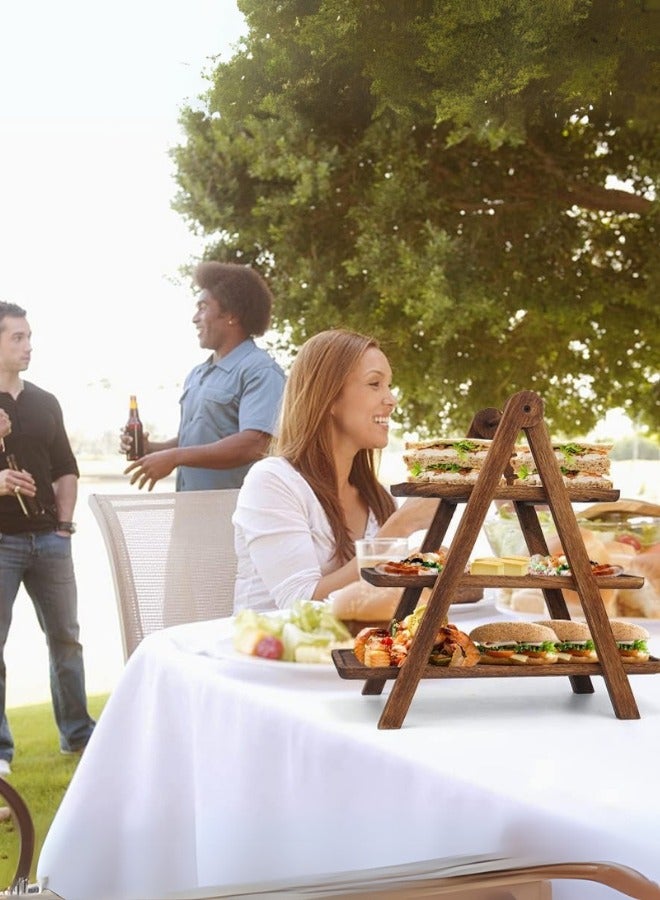 دوغي صينية تقديم خشبية من 3 طبقات حامل كب كيك ثلاثي الطبقات ، طبق تقديم مستطيل مزرعة خشبية ، ديكور صينية مزخرفة بني - Image 2