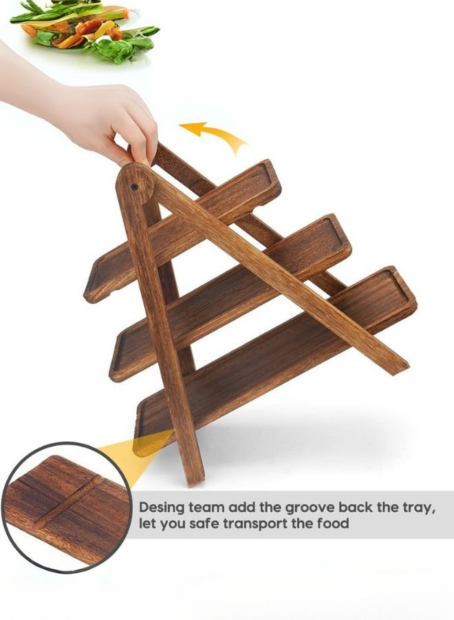 دوغي صينية تقديم خشبية من 3 طبقات حامل كب كيك ثلاثي الطبقات ، طبق تقديم مستطيل مزرعة خشبية ، ديكور صينية مزخرفة بني - Image 3