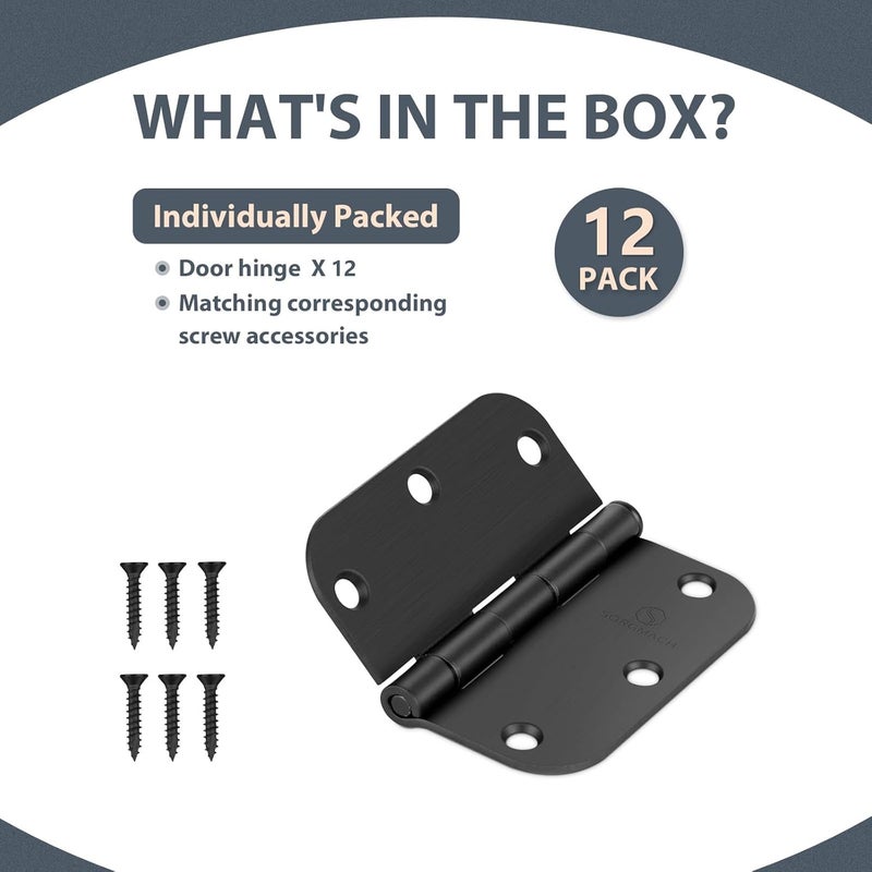SORGMACH Door Hinge 3 1/2 Inch Interior Door Hinges Matte Black 3.5 Inch Interior Hinges Flat Iron Hinge 3 ½"x 3 ½" Door Hardware 5/8" Radius - 12 Pieces - Image 2
