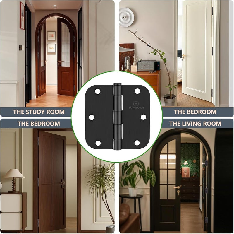 SORGMACH Door Hinge 3 1/2 Inch Interior Door Hinges Matte Black 3.5 Inch Interior Hinges Flat Iron Hinge 3 ½"x 3 ½" Door Hardware 5/8" Radius - 12 Pieces - Image 4