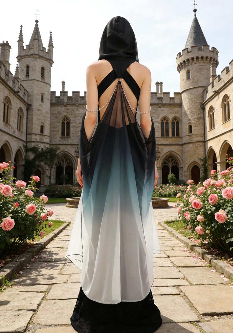 DAZCOS Women's Chiffon Hooded Cape Elf Sheer Cloak Tulle Bridal Off Shoudler Capelet (Black) - Image 4