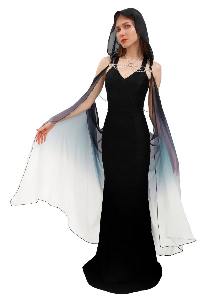 DAZCOS Women's Chiffon Hooded Cape Elf Sheer Cloak Tulle Bridal Off Shoudler Capelet (Black) - Image 1