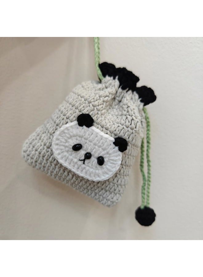 BRTOO Small Crochet Purse Handmade Knitted Bag Coin Change Purse Pouch Mini Drawstring Headphone Storage Bag for Women and Girls, Small panda, Qute - Image 3
