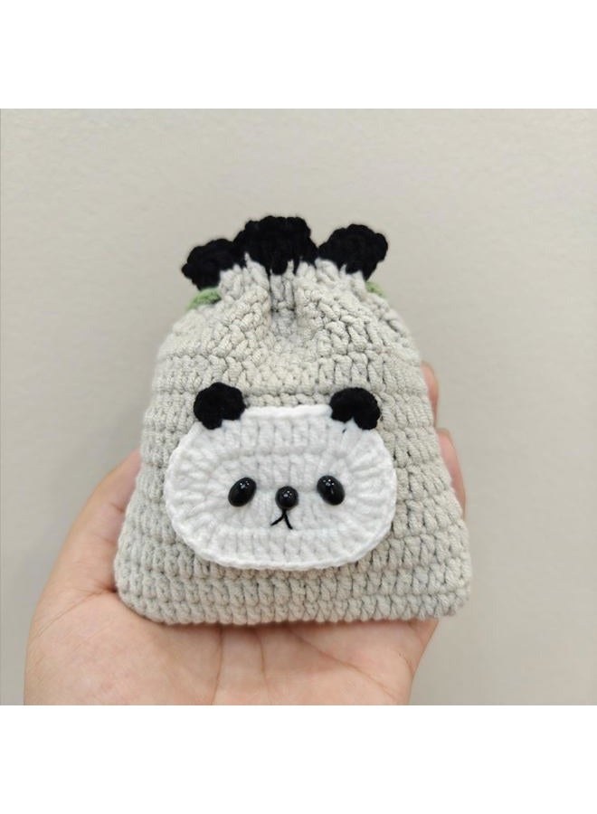 BRTOO Small Crochet Purse Handmade Knitted Bag Coin Change Purse Pouch Mini Drawstring Headphone Storage Bag for Women and Girls, Small panda, Qute - Image 2