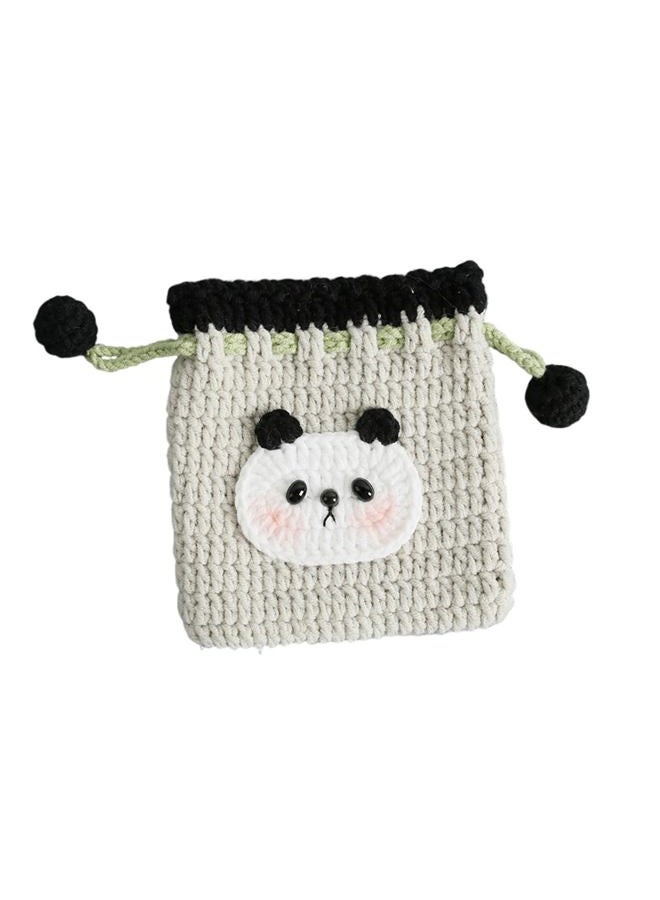 BRTOO Small Crochet Purse Handmade Knitted Bag Coin Change Purse Pouch Mini Drawstring Headphone Storage Bag for Women and Girls, Small panda, Qute - Image 1