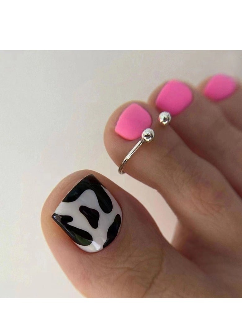 Generic 24 Pcs Toe Press on Nails, Pink & Black Cow Print Fake Toenails, Glossy Stick-on Toenail  - Image 1