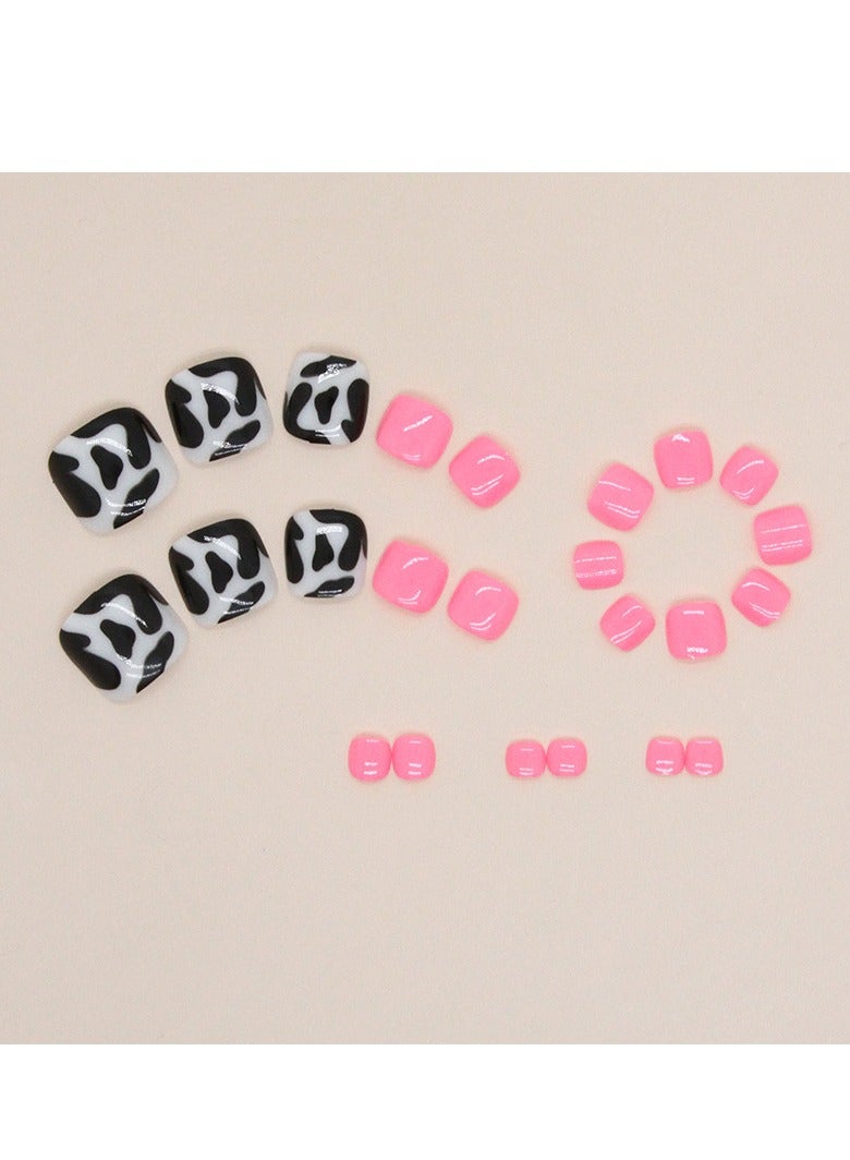 Generic 24 Pcs Toe Press on Nails, Pink & Black Cow Print Fake Toenails, Glossy Stick-on Toenail  - Image 3