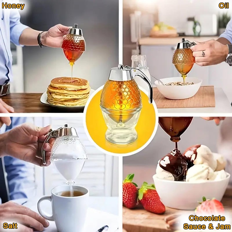BlissCart موزع العسل بلا drip من بليس كارت مع حامل، حاملة عسل على شكل خلية نحل وموزع شراب، جرة تخزين العسل بتصميم نحلة، موزع عسل أكريليكي للعسل والشراب - Image 3