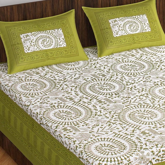 JAIPURI TRADITONAL SANGANERI PRINT 144 TC COTTON DOUBLE BEDSHEET WITH 2 PILLOW COVERS DOUBLE B3 GREEN