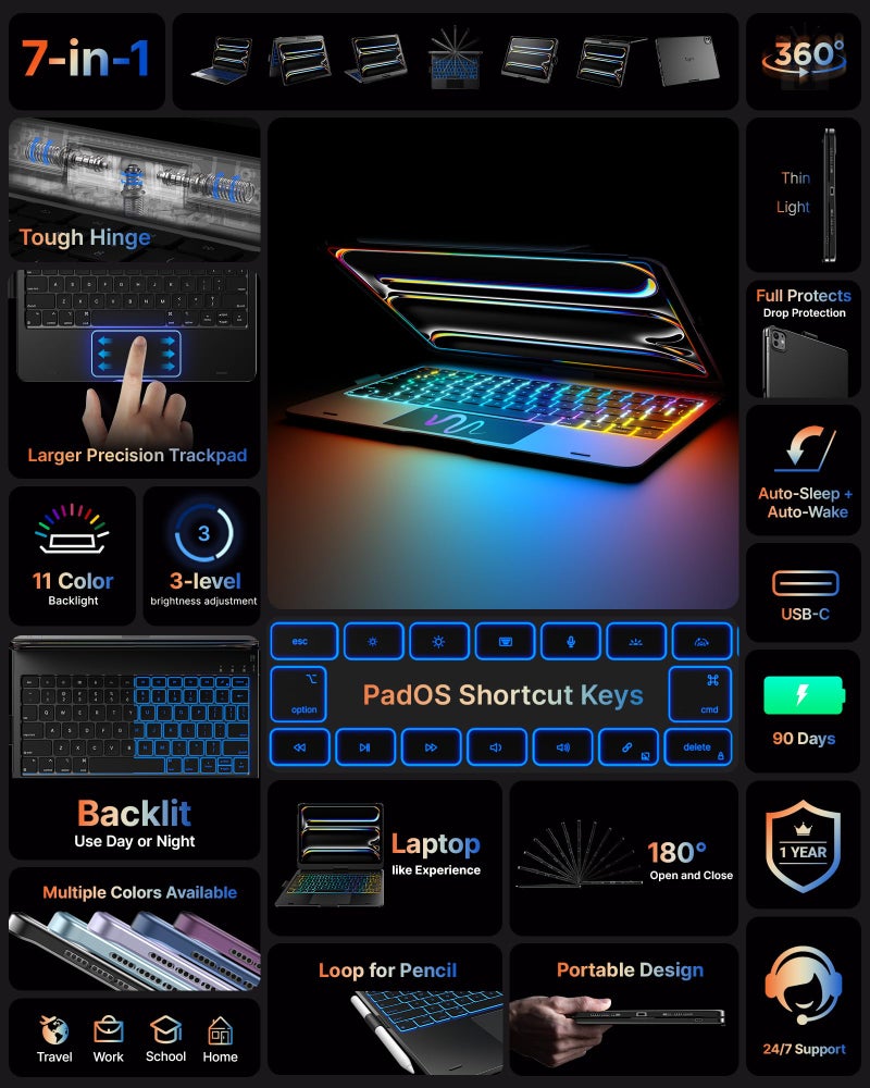 typecase Touch Keyboard Case for iPad Pro 11-inch (M5/M4, 2025/2024), Wireless Keyboard with 11-Color Backlight, 360°Rotatable Protective Case with Pencil Holder, Multi-Touch Trackpad, Black - Image 3