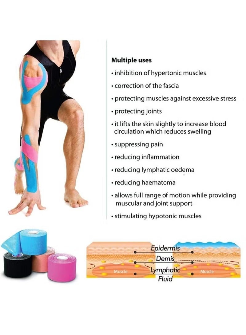 كينيسيولوجي تيب شريط علم الحركة  المقاوم للماء شريط حركي، رياضي مرن للركبة والعضلات وتخفيف آلام الركبة ويستخدم لرياضة اللياقة البدنية والجري وكرة المضرب والسباحة (أسود، جلدي، وردي، أزرق فاتح) - Image 4