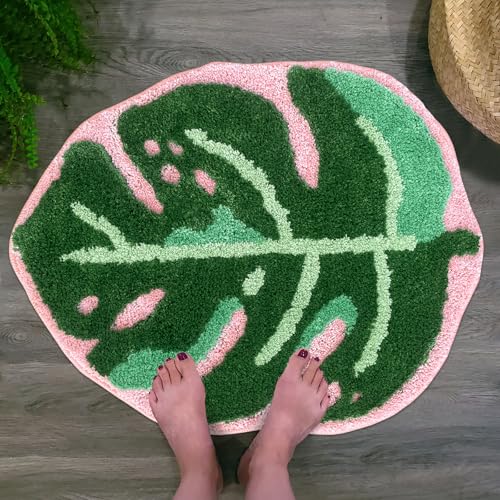 Sisher Leaf Rug,Monstera Bath Mat Cute Bathroom Mat Non Slip Palm Shaped Plush Fun Area Rug Bathtub Rugs Machine Washable Green and Pink Leaf Mat（21"X26"） - Image 2