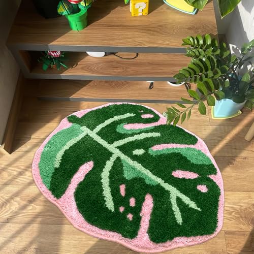 Sisher Leaf Rug,Monstera Bath Mat Cute Bathroom Mat Non Slip Palm Shaped Plush Fun Area Rug Bathtub Rugs Machine Washable Green and Pink Leaf Mat（21"X26"） - Image 5
