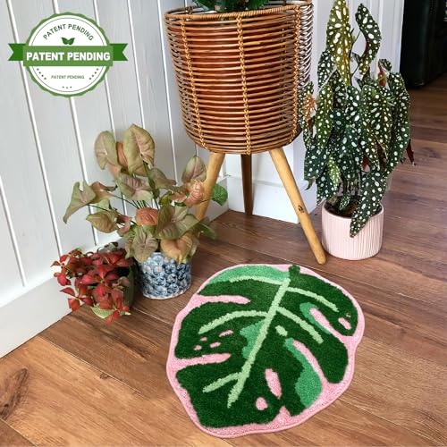 Sisher Leaf Rug,Monstera Bath Mat Cute Bathroom Mat Non Slip Palm Shaped Plush Fun Area Rug Bathtub Rugs Machine Washable Green and Pink Leaf Mat（21"X26"） - Image 3