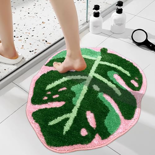 Sisher Leaf Rug,Monstera Bath Mat Cute Bathroom Mat Non Slip Palm Shaped Plush Fun Area Rug Bathtub Rugs Machine Washable Green and Pink Leaf Mat（21"X26"） - Image 1