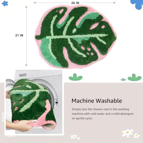 Sisher Leaf Rug,Monstera Bath Mat Cute Bathroom Mat Non Slip Palm Shaped Plush Fun Area Rug Bathtub Rugs Machine Washable Green and Pink Leaf Mat（21"X26"） - Image 4