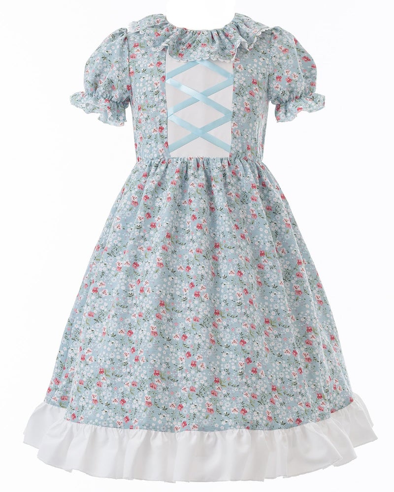FCCAM FCCAM FCCAM Pioneer Dresses for Girls Colonial Dress Costume Short Sleeve Prairie Dresses with Apron Blue S - Image 2