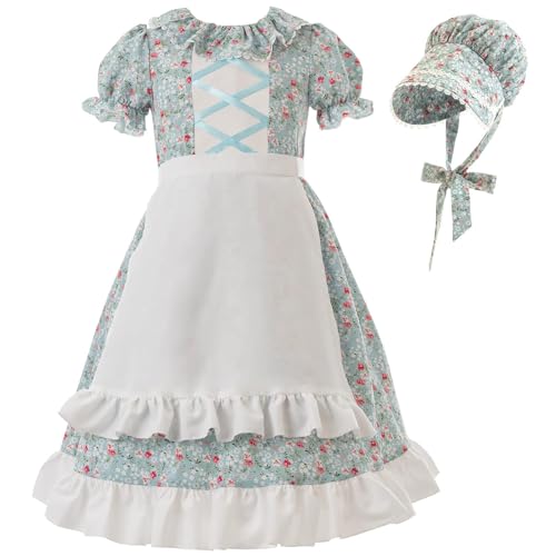 FCCAM FCCAM FCCAM Pioneer Dresses for Girls Colonial Dress Costume Short Sleeve Prairie Dresses with Apron Blue S - Image 1