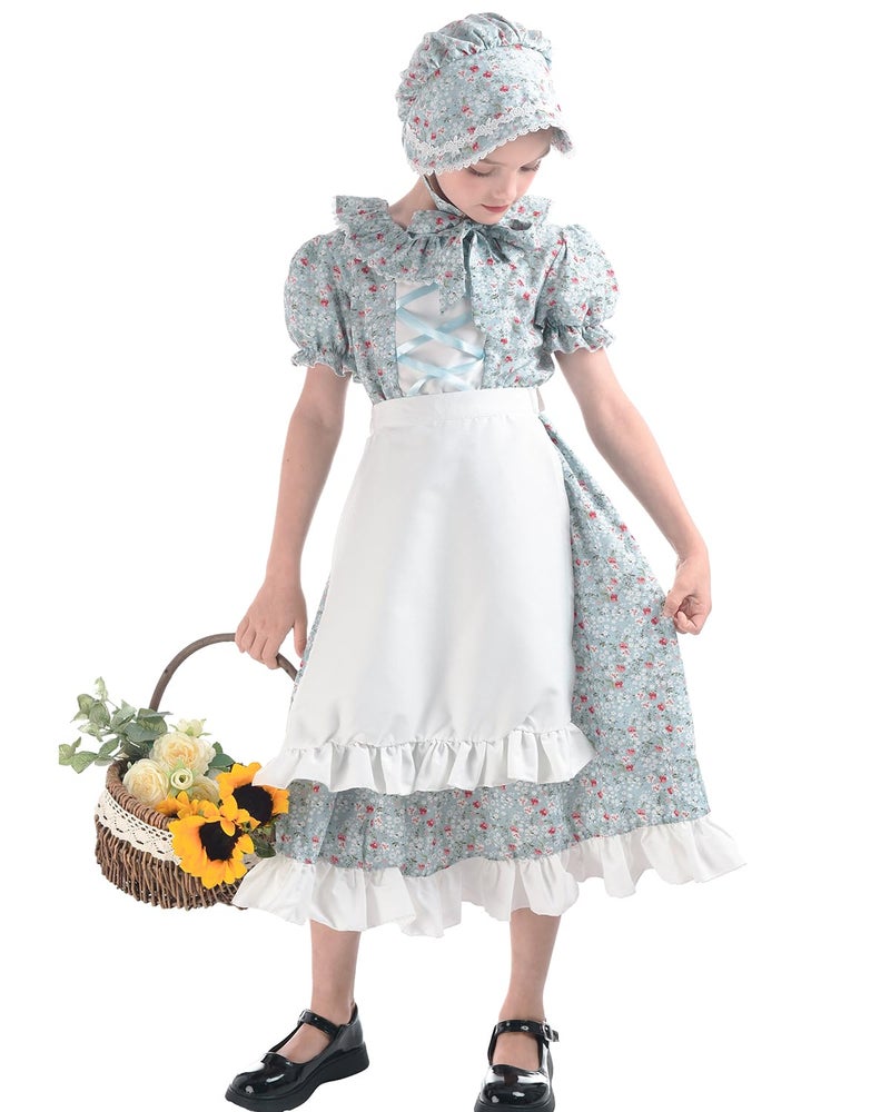 FCCAM FCCAM FCCAM Pioneer Dresses for Girls Colonial Dress Costume Short Sleeve Prairie Dresses with Apron Blue S - Image 5