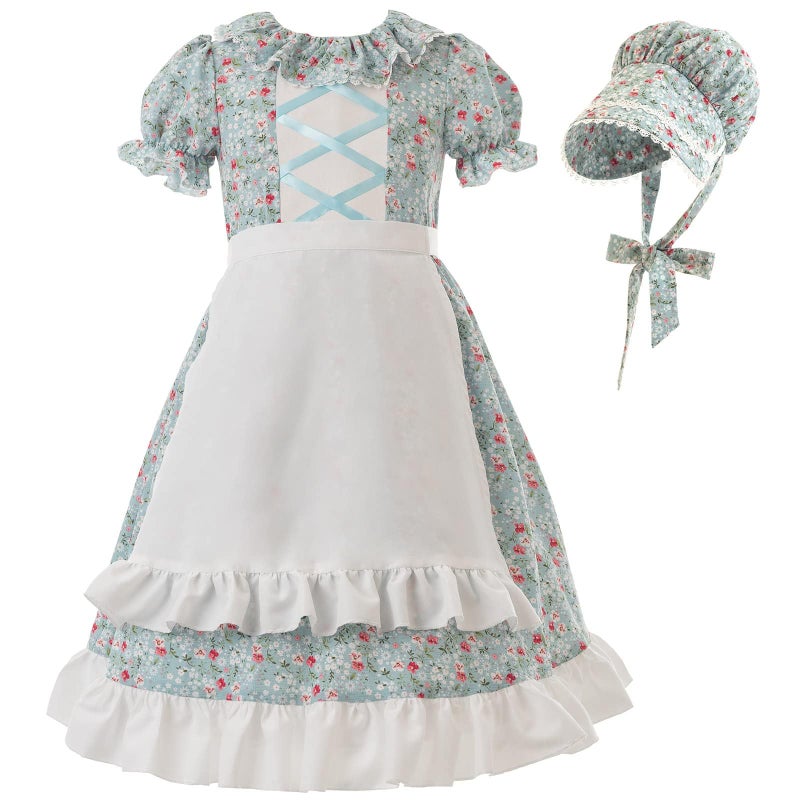 FCCAM FCCAM FCCAM Pioneer Dresses for Girls Colonial Dress Costume Short Sleeve Prairie Dresses with Apron Blue S - Image 4