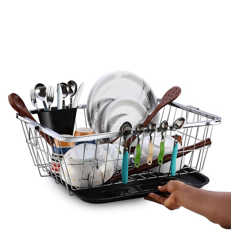 Clazkit سلة تصريف الأطباق من الفولاذ المقاوم للصدأ Clazkit لأدوات المطبخ، رف تجفيف الأطباق مع مصفاة، سلة بارتان، حجم سلة تصريف الأطباق 22x16x9 إنش - Image 1