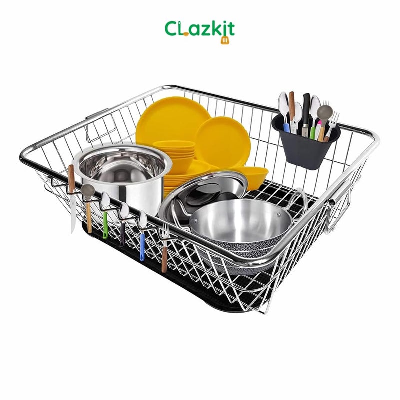 Clazkit سلة تصريف الأطباق من الفولاذ المقاوم للصدأ Clazkit لأدوات المطبخ، رف تجفيف الأطباق مع مصفاة، سلة بارتان، حجم سلة تصريف الأطباق 22x16x9 إنش - Image 2