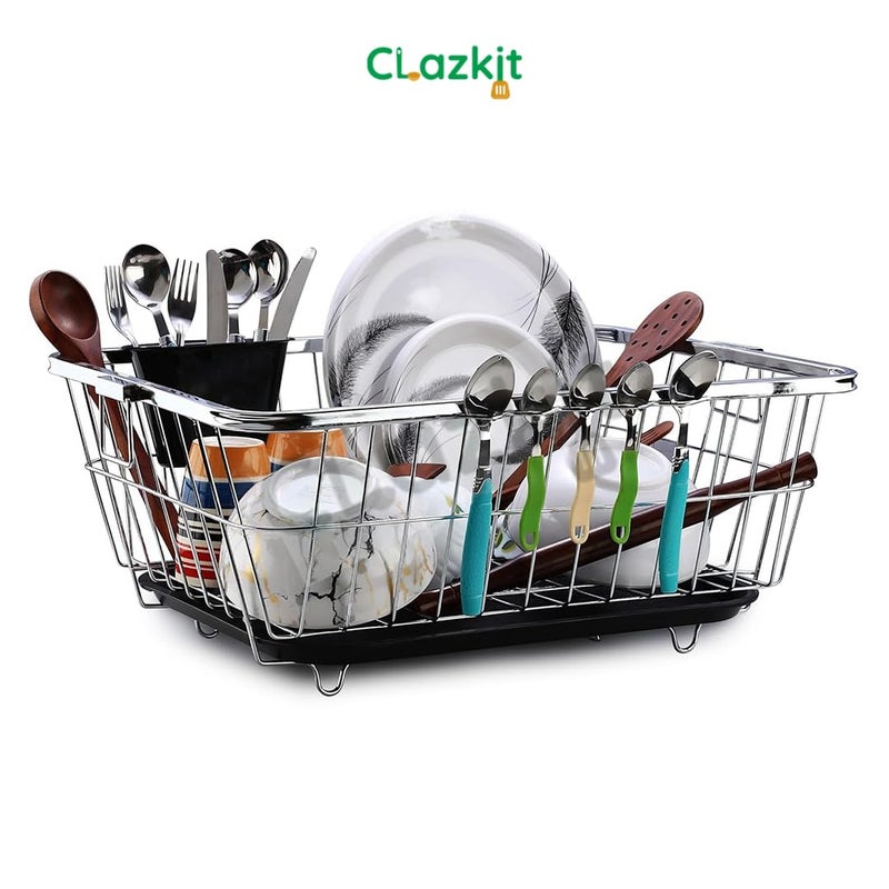 Clazkit سلة تصريف الأطباق من الفولاذ المقاوم للصدأ Clazkit لأدوات المطبخ، رف تجفيف الأطباق مع مصفاة، سلة بارتان، حجم سلة تصريف الأطباق 22x16x9 إنش - Image 3