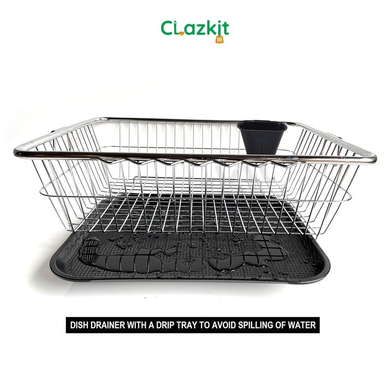 Clazkit سلة تصريف الأطباق من الفولاذ المقاوم للصدأ Clazkit لأدوات المطبخ، رف تجفيف الأطباق مع مصفاة، سلة بارتان، حجم سلة تصريف الأطباق 22x16x9 إنش - Image 4