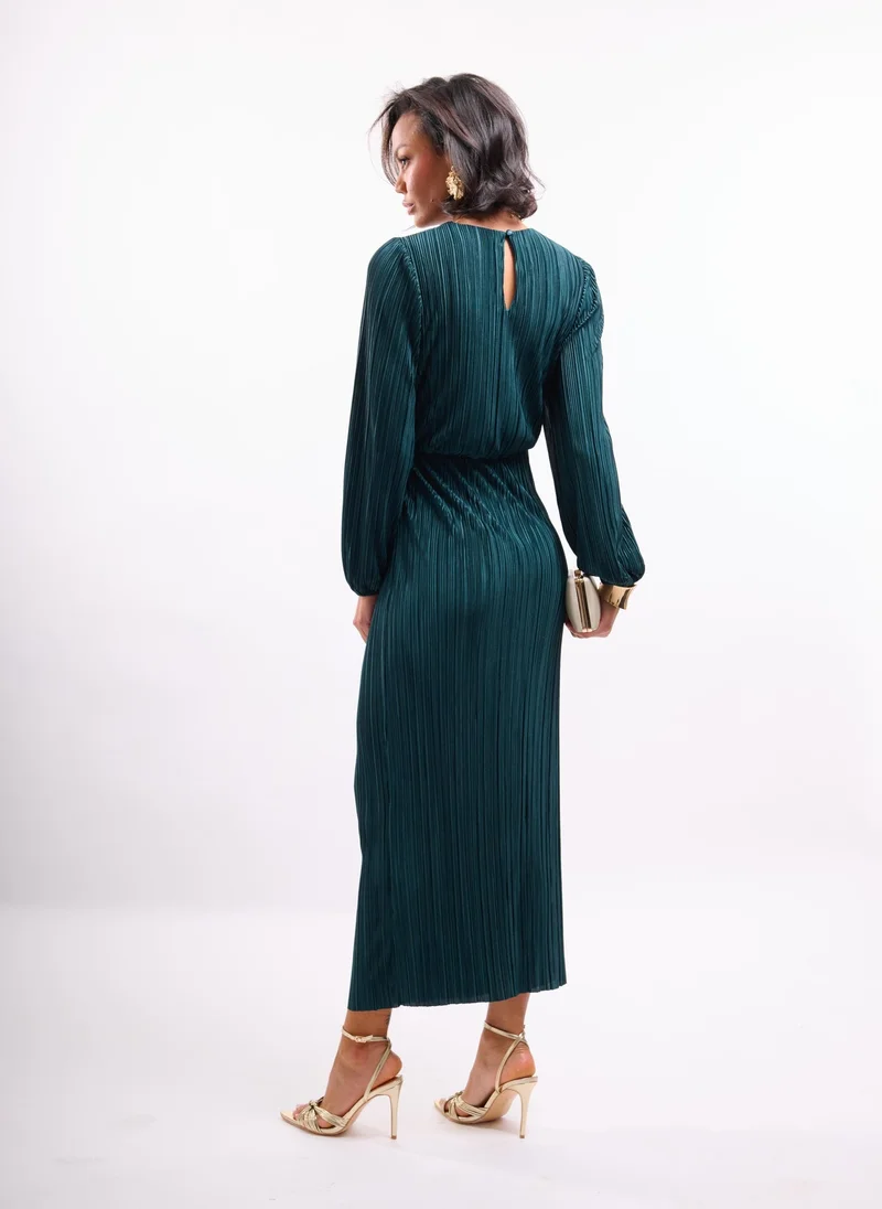 Faia dark green Emerald Midi Dress with Twist in Plisse for Women | Best Price UAE