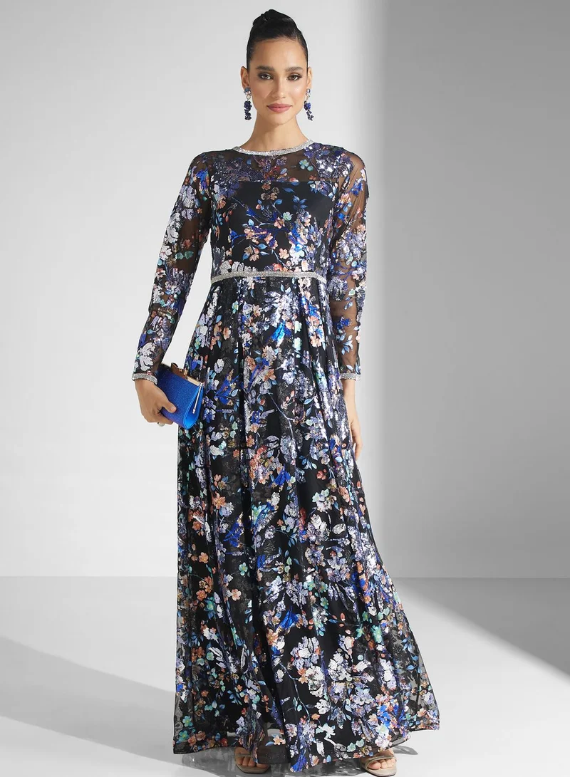 Golden Apple Sequin Floral Tiered Dress
