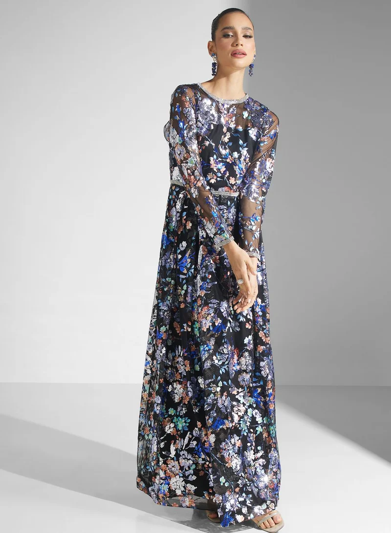 Golden Apple Sequin Floral Tiered Dress