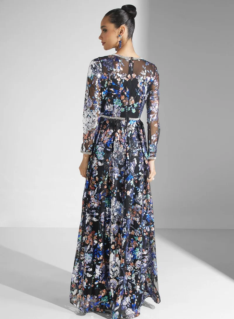 Golden Apple Sequin Floral Tiered Dress